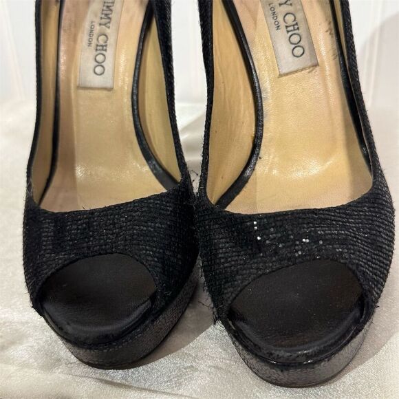 Jimmy Choo Black Glitter Peep Toe Platform Pumps Size 7 US Heels Made in Italy - Picture 13 of 15